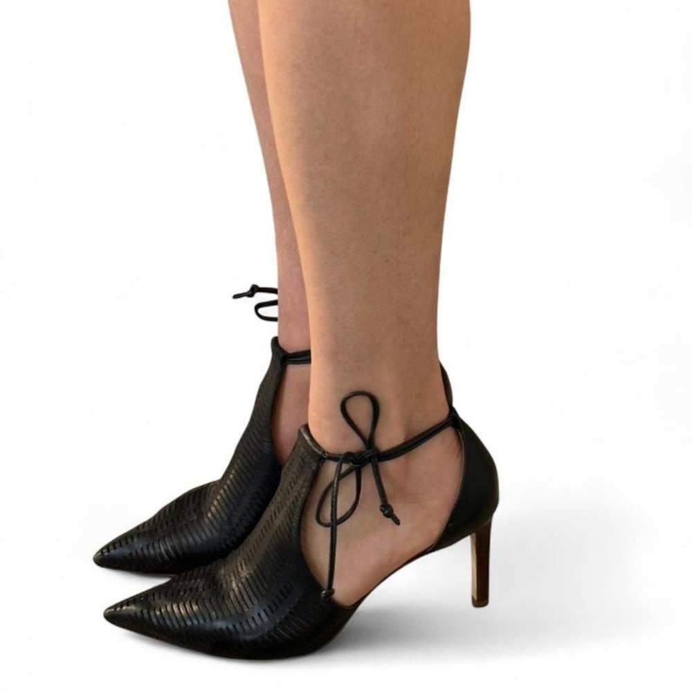 Franco‎ Sarto Black Pointed Toe Lace Up Heels Chic Ankle tie Pumps